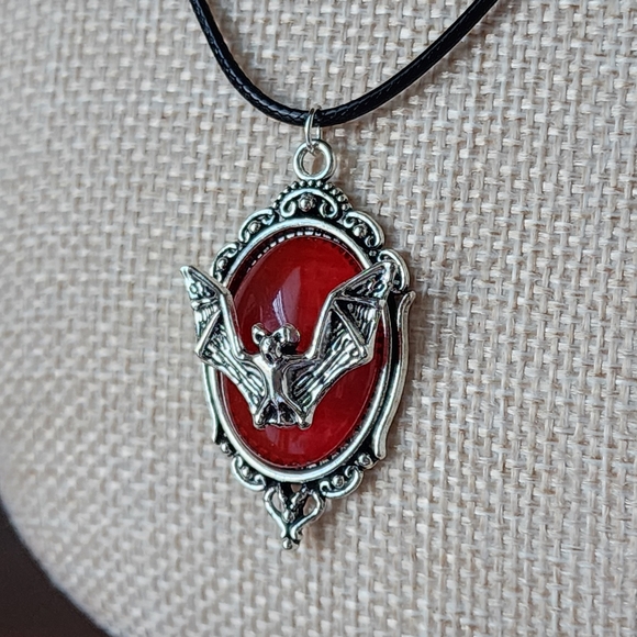 Handmade Jewelry - Silver Bat Framed In Red Pendant Necklace